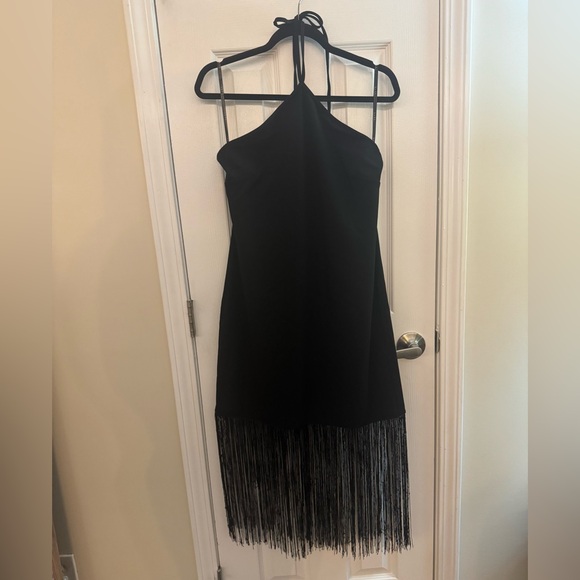 NICOLE MILLER Wren Fringe Halter Midi Dress Black Size 12 - Picture 7 of 8